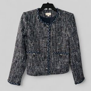 Loft dark academia navy blue tweed fringe ladies blazer size Large preppy retro